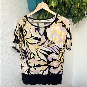 New York & Company Cream and Black Graphic Short Sleeve Blouse